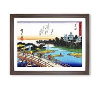 Walking Over The Bridge By Utagawa Hiroshige Asian Japanese Framed Print | A2 Walnut Framed Wall Art | Ready to Hang | Asian Cityscape Picture | Living Room Bedroom Lounge Office