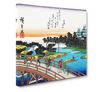 Walking Over the Bridge by Utagawa Hiroshige Canvas Print | Gallery Wrapped 30mm Frame Wall Art | 14x14 inches | Ready to Hang | Asian Cityscape Picture | Living Room Bedroom Lounge Office