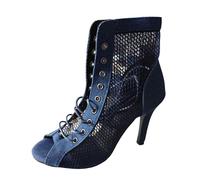 Walking Sandals for Women Ladies Fashion Denim Mesh Patchwork Lace Up Open Toe Thin High Heel Sandals