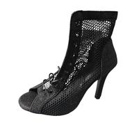 Walking Sandals for Women Ladies Fashion Denim Mesh Patchwork Lace Up Open Toe Thin High Heel Sandals