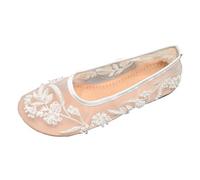 Walking Sandals Women's French Elegant Lace And Pearl Flat Shoes Hand Embroidered Mesh Breathable Low Cut Flat Shoes Comfortable And Versatile Sandals (White, 4)
