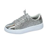 Walking Shoes for Women UK Slip On Soft Ladies Trainers Classic Lace-Up Casual Sneakers Fashion Smart Shiny Glitter Party Shoes Lightweight Comfortable Outdoor Flat Shoes for Jogging Silver