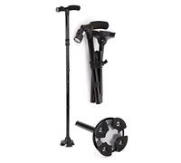 Walking Stick Folding Cane with Adjustable LED Light Non Slip T Handle Pivoting Quad Base 5 Height Collapsible Elderly for Women & Men Hiking Traveling Free Standing