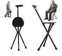 Walking Stick with Light & Seat- Adjustable Folding Walking Sticks for Women and Men - Lightweight Portable Collapsible Balancing Walking Aid - Travel Walking Cane for Ladies Elderly Adults (Black)
