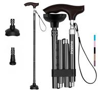 Walking Sticks for Seniors w/Wooden Handle, Lightweight Collapsible & Foldable Walking Canes for Men Women, Heavy Duty Adjustable Length Mobility Aids for Walking, w/Extra Tip & Carry Bag - Black
