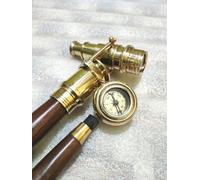 Walking Wooden Stick Cane With Spyglass Victorian Brass Telescope Compass Top 39 Inch