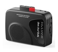 Walkmaner Cassette Player/Recorder, Am/FM Radio, Portable Cassette Player, Cassette Recording, Built-in Speakers, Manual Recording, T201 (Black)