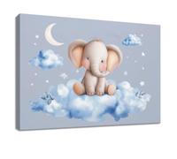 Wall Art 100 x 70 cm Canvas Prints Cartoon - Waterproof Poster Blue Animal Elephant Cloud Star, Painting for Living Room, Bedroom, Office, Kitchen Home Decor