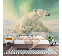 Wall Art 3D Non-Woven Wallpaper W200 x H140 cm Aurora Photo Mural Stickers, Animal Polar Bear Family Wallpaper Mural Poster Decoration for Bedroom Living Corridor (Not Self Adhesive)