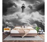 Wall Art 3D Non-Woven Wallpaper W200 x H140 cm Grey Photo Mural Stickers, Ocean Lighthouse Pattern Wallpaper Mural Poster Decoration for Bedroom Living Corridor (Not Self Adhesive)