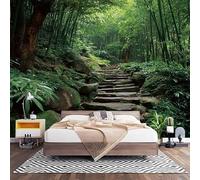 Wall Art 3D Non-Woven Wallpaper W400 x H280 cm Bamboo Jungle Stone Steps Landscape Photo Mural Stickers, Green Wallpaper Mural Poster Decoration for Bedroom Living Corridor (Not Self Adhesive)