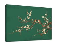Wall Art 40 x 30 cm Canvas Prints Oriental - Waterproof Poster Green Plum Blossom Bird Branches, Painting for Living Room, Bedroom, Office, Kitchen Home Decor
