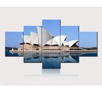 Wall Art 5 Pieces Canvas Painting Prints Multiple Pictures - Sydney Opera House Architectural Landscape Pictures Painting Printed On Canvas, Posters Wall Decor Gift/With Frame 200 X 100-9814419497