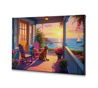 Wall Art A Cozy Porch With Flowers, Chairs, And A Dog Overlooking A Beautiful Sunset By The Sea. Canvas Decorative Picture Bathroom Decor Bathroom Decor(30x40cm)