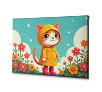 Wall Art A Cute Cat In A Yellow Raincoat Stands Among Colorful Flowers. Canvas Decorative Picture Living Room Decor Wall Baptism Decorations(40x60cm)