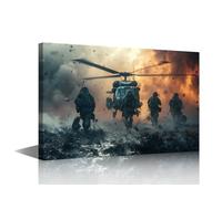 Wall Art Airborne Recon Strike Framed Military Artwork Depicting Armed Troops Advancing Through Smoke Clouds With Combat Helicopter Overhead Tactical Intensity Décor 24x16 in