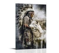 Wall Art And Hanging Paintings Poster, Retro Native American Cultural Art, Wolf And Indian Chief Warrior Black White Print, Artistic Wall Decor for Living Room 20x30inch(50x75cm)