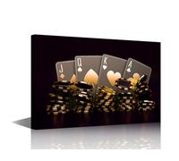 Wall Art Black and White Pictures for Living Room Casino Chips Painting 1 Panel Prints on Canvas Casino Cards Poker Modern Artwork House Decor Wooden Framed Gallery-Wrapped Ready to Hang 24x16 in