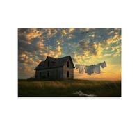 Wall Art Canvas Poster Rustic Farmhouse Laundry Day Aesthetic, Laundry Clothesline Farm Nature Landscape Still Life Decor for Laundry Room, Living Room, Cottage & Porch 12x18inch(30x45cm)