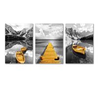 Wall Art Canvas Prints 3pcs Boat On The Lake Landscape Canvas Prints No Frame Gold Wooden Bridge Mountain Abstract Wall Art Paintings For Home Decor(50x70cm)