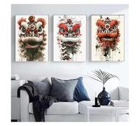 Wall Art Canvas Prints Chinese Lion Dance Ink Wash Style Posters No Frame Modern Colorful Prints Canvas Picture For Living Room Decoration(D,40x60cm)