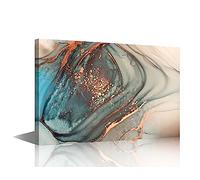Wall Art Canvas Prints Modern Abstract Wall Decor Canvas Wall Art Water Flow Shape Modern Blue Gold Marble Pattern Wall Art for Living Room Bedroom Gallery Wrapped Framed Ready to Hang(24"Wx16"H)