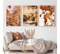 Wall Art Canvas Prints Painting Autumn Scenery Pumpkin Leaves Poster Maple Leaf Natural Landscape Room Home Decoration 50x75cm-3Pcs Frameless