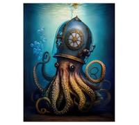 Wall Art Canvas Prints Retro Octopus In A Top Hat And Kraken Sea Diver Canvas Painting Vintage Wall Art Poster Print Ocean Animal Picture Decor(I,50x70cm)