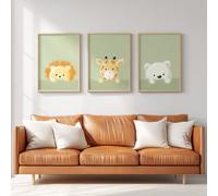 Wall Art Cartoon Animal Prints for Home Decor Cute Baby Lion Giraffe Bear Sage Green Canvas Prints Artwork Hanging Pictures for Bedroom Bathroom Living Room Hallway or Office, 20 x 30 cm
