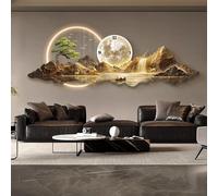 Wall Art Clock Decor with Light,Plug-in Power Illuminated Mountain Landscape Wall Decorative,Fake Tree Moon,Acrylic crystal porcelain craft for Living Room