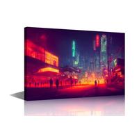 Wall Art Cyberpunk Artwork for Home Metaverse City Paintings City Night Neon Wall Art Pictures for Living Room Multi Panel Prints on Canvas House Decor Giclee Framed Ready to Hang 24x16 in