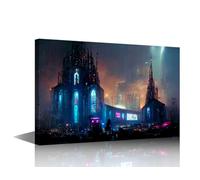 Wall Art Cyberpunk City Picture 1 Pieces Wall Decor for Bedroom Modern Neon Streetview Night Painting Cyberpunk Cathedral Black and White Wall Art Print on Canvas Framed Ready to Hang 24x16 in