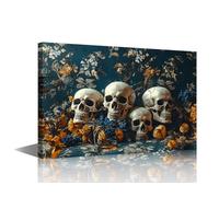 Wall Art Decor Halloween Canvas Art Skulls and Flowers Wall Painting Human Skull Artwork for Home Walls for Living Room Bedroom Still Life of Skulls Pictures Framed Artwork Walls Decor(36"Wx24"H)