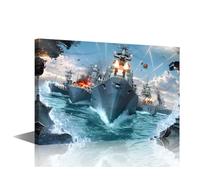 Wall Art Decor US Navy Battleship Prints, Large American Warship Picture for Bedroom Man Cave Bar, Framed Military Boat Canvas Artwork Ready to Hang, Navy Blue Ocean Sea Scenery Poster 24x16 in