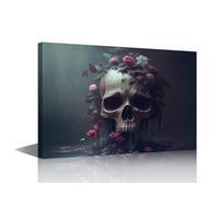 Wall Art for Bedroom Skull on the Ground Canvas Art Wall Decor Human's Skulls Modern Artwork Paintings Beautiful Flowers with Skull Walls Decor Posters and Prints Framed Ready to Hang(18"Wx12"H)