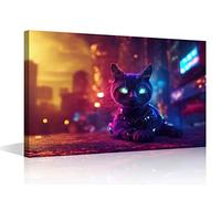 Wall Art for Living Room 1 Panel Cyberpunk Wall Paintings Neon Black cat Pictures Print on Canvas Wall Art for Home Office Hotel Decorations, Wooden Framed Ready to Hang, 24" Wx16 H