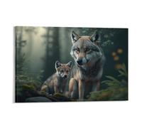 Wall Art for Living Room Beach Canvas Art Wall Decor Wolf With Cub Pictures Print on Canvas Painting Artwork Stretched Ready to Hang 12x18inch(30x45cm)