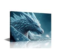 Wall Art for Living Room Blue Dragon Bedroom Wall Decor Ice Dragon Wall Paintings for Office Print On Canvas Medieval Fantasy Modern Artwork Stretched and Framed Ready to Hang, 24x16in
