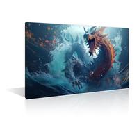Wall Art for Living Room Dragon Bedroom Wall Decor Magic Water Dragon Roaring Beneath the Waves Wall Paintings for Office Print On Canvas Modern Artwork Stretched and Framed Ready to Hang 12" Wx18 H