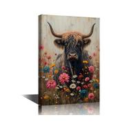Wall Art for Living Room Highland Cattle Rustic Wall Decor Retro Flowers Cattle on His Head Wall Paintings for Office Print On Canvas Modern Artwork Stretched and Framed Ready to Hang 24x16in