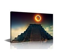 Wall Art for Living Room Mayan Temple Posters Print on Canvas Mayan Tribe Wall Decor 1 Piece Eclipse over a Mayan Temple Wall Art Framed Ready to Hang (16''Wx 24''H)