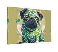 Wall Art for Living Room Modern Canvas Poster Prints Pug Green Polka Dot Aesthetic Wall Decor for Bedroom Bathroom Canvas Print Painting Picture Home Decor Framed Artwork 12"x 18"