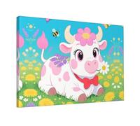 Wall Art for Living Room Modern Canvas Poster Prints Spring Cute Flower Cow Aesthetic Wall Decor for Bedroom Bathroom Canvas Print Painting Picture Home Decor Framed Artwork 12"x 18"