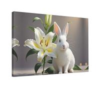 Wall Art for Living Room Modern Canvas Poster Prints white rabbit and lilies Aesthetic Wall Decor for Bedroom Bathroom Canvas Print Painting Picture Home Decor Framed Artwork 12"x 18"