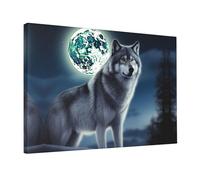 Wall Art for Living Room Modern Canvas Poster Prints wolf under moon Aesthetic Wall Decor for Bedroom Bathroom Canvas Print Painting Picture Home Decor Framed Artwork 12"x 18"