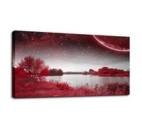 wall art for living room Red Lakes and trees under the starry sky red landscape painting office Wall Art Decor 20" x 40" single Pieces Canvas Prints Ready to Hang for Home Decoration Works For bedroom