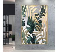 Wall Art Gold Leaf Painted Oil Painting On Canvas Abstract Gold Leaf Green Plant Art Painting Modern Living Room - Unframed, 1 Piece