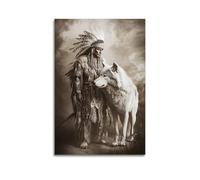 Wall Art Hanging Paintings Poster, Vintage Black And White Native American Art, Wolf And Indian Chief Warrior Painting, Aesthetic Wall Decor for Living Room Bed 24x36inch(60x90cm)