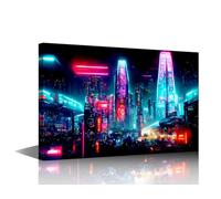 Wall Art House Decorations Living Room City Night Neon Streetview Paintings Black and White Pictures Canvas Wall Art Contemporary Artwork Wooden Framed Posters Prints Ready to Hang 24x16 in