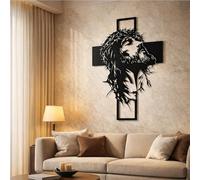 wall art-Jesus Cross Wall Decor Metal Art, Christian Wall Hanging, 2mm Thick Iron Jesus Head with Crown of Thorns, Religious for Living Room, Bedroom, Church, Gift 40cm/15.75inc